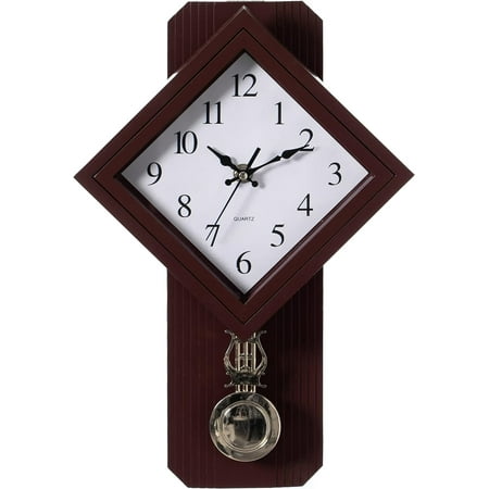 Traditional Brown Square Wood- Looking Pendulum Plastic Wall Clock for Living Room, Kitchen, or Dining Room