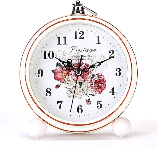 Vintage Alarm Clock, 5.25" Silent Non-Ticking Retro Analog Clock, Battery Operated Small Desk Clock for Bedroom/Living Room/Office/Shelf Decor (Peony)