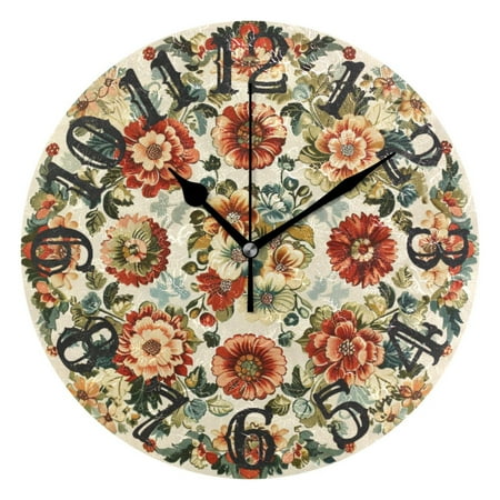 Vintage Medallion Floral Flowers Wall Clock 10 inch Non-Ticking Easy to Read Decorative Clocks for Home Bedroom Living Room