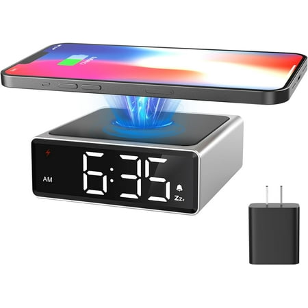 VOCOO Digital Metal Alarm Clock with Qi Wireless Charger, Clear LED Display with 4 Brightness 12/24H Snooze for Bedside Bedroom Office - Silver