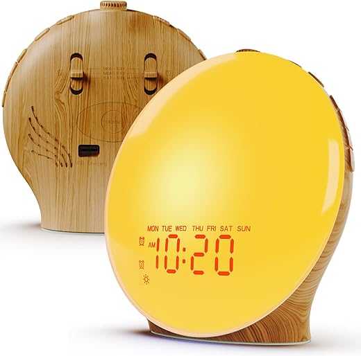 Wake Up Light Sunrise Alarm Clock for Kids, Heavy Sleepers, Bedroom, Full Screen with Sunrise/Sunset Simulation, Dual Alarms, FM Radio, 15 Colorful Nihgt Lights, Natural Sounds, Wood Grain