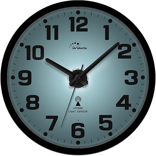 WallarGe Atomic Wall Clock with Night Light - Silent Lighted up Wall Clock Glow in The Dark, Battery Operated, AUTO DST, 12 Inch