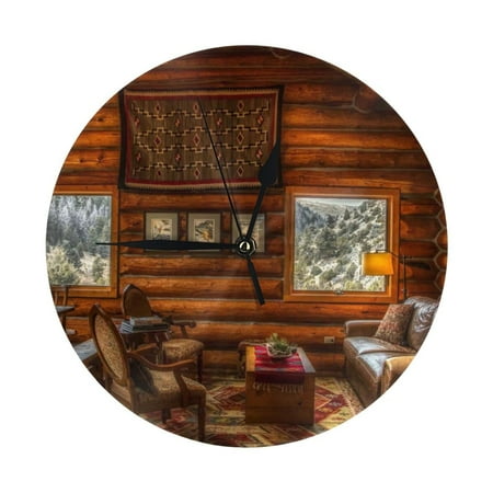 Wall Clock - Log Cabin Inside 9.8 Inch Silent Non Ticking Modern Round Wall Clocks Battery Operated Classic Clock for Bedroom, Living Room, Office, Home, Kitchen, Bathroom