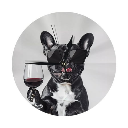 Wall Clocks Battery Operated, Cool French Bulldog Wine 9.8 Inch Silent Non Ticking Decorative Large Wall Clock, Wall Clock for Living Room Bathroom Kitchen Bedroom Wall Decor