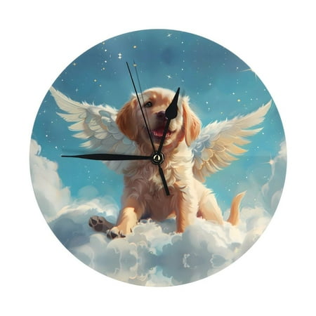 Wall Clocks Battery Operated, Cute Angel Winged Dog 9.8 Inch Silent Non Ticking Decorative Large Wall Clock, Wall Clock for Living Room Bathroom Kitchen Bedroom Wall Decor