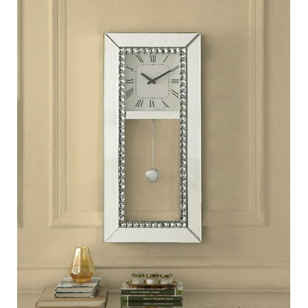 Wall Clock with Mirrored and Faux Diamonds, Luxurious Quartz Clock with Pendulum and Roman Numeral Numbers for Home, White