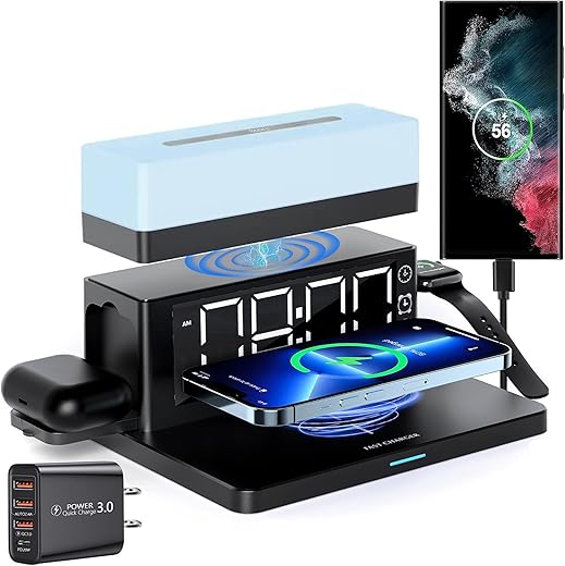 Wireless Charger,6 in 1 Wireless Charging Station with Digital Alarm Clock&Night Light,15W Fast Charger Compatible with iPhone 16/15/14/13/12/11,Samsung Galaxy AirPods & Apple Watch