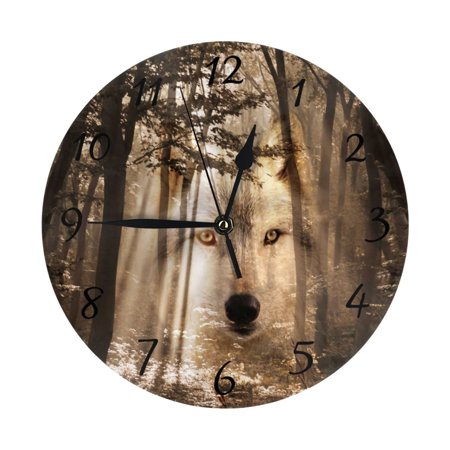 Wolf Face In The Woods Wall Clock - 10 Inch Silent Non-Ticking Wall Clocks -Country Retro Rustic Style Decorative For Living Room Kitchen Home Bathroom Bedroom