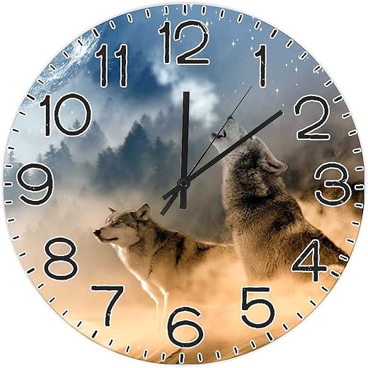 Wolf Wall Clock Vintage Round Rustic Farmhouse Wall Clocks Silent Non-Ticking Battery Operated for Living Room Kitchen Bathroom Bedroom Office Classroom Easy to Read Decor 15"x15"