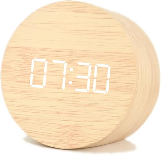 Wooden Alarm Clock for Bedroom | Digital Clock Electronic LED Time Display | 3 Alarm Settings | Adjustable Volume and Brightness | Sound and Tap Control | Snooze | USB Cord Operated (Bamboo)