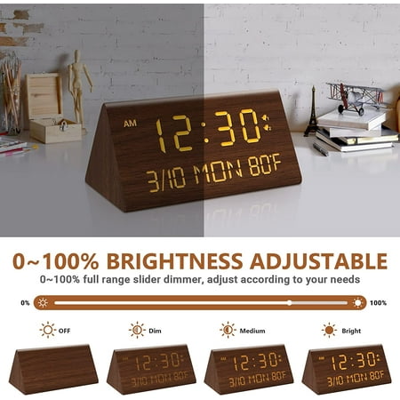 Wooden Digital Alarm Clock, 0-100% Dimmer, 2 Alarm Settings, Weekday/Everyday Mode,[211]