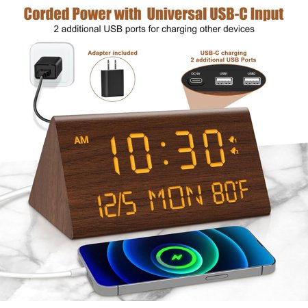 Wooden Digital Alarm Clock, 0-100% Dimmer, Dual Alarm Settings, Weekday/Everyday Mo[749]