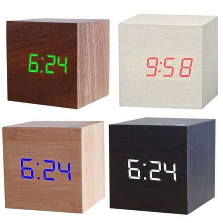 Yesbay Wooden Square Digital LED USB Desk Alarm Clock Table Voice Control Decoration,White Wood Red Figure