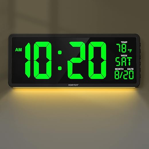 YORTOT 16” Large Digital Wall Clock with Remote Control and 7 Night Lights, 4 Level Dimmer, Super Easy to See, Big LED Clock with Indoor Temperature, Date, Perfect for Home, Office, Gym (Green)