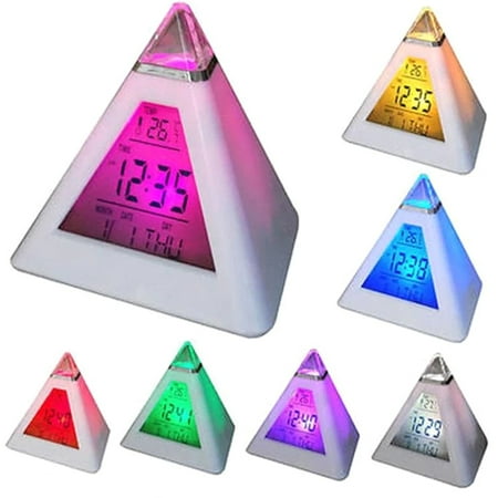 Yous Auto 7 LED Color Changing Pyramid Digital Alarm Clock Battery Powered Night Light Desk Clock with Music & Snooze Mode for Bedroom Office