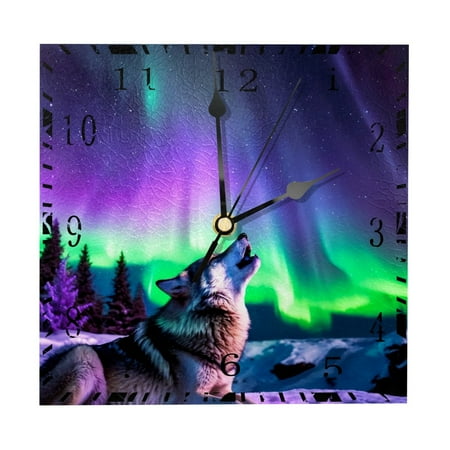 YZUOUZY Bathroom Wall Decor,Clock,Wood Square Classroom Decorations,Aurora Tree Snow Wolf Howling