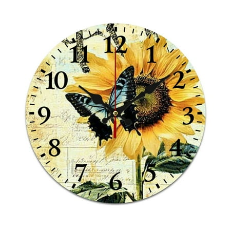 ZHANGZHI Wooden Wall Clock Flower Sunflower Butterfly Clock Retro Vintage Large Clock Home Decorative Country Non -Ticking Silent Quiet 14 Inch Gift 34cm/13.39in